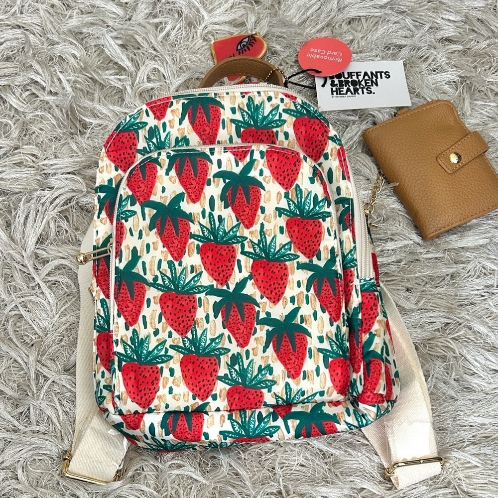 NWT Bouffants & Broken Hearts By Kendra Dandy Strawberry Print Backpack Sold Out